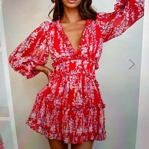Red cutout back ruffle detail floral dress